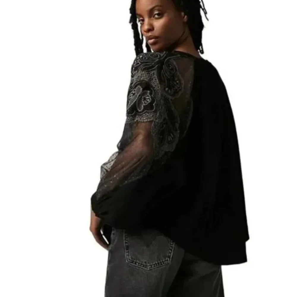 NEW Free People Toni Blouse  Black Mesh  Lace Trim Super Oversized